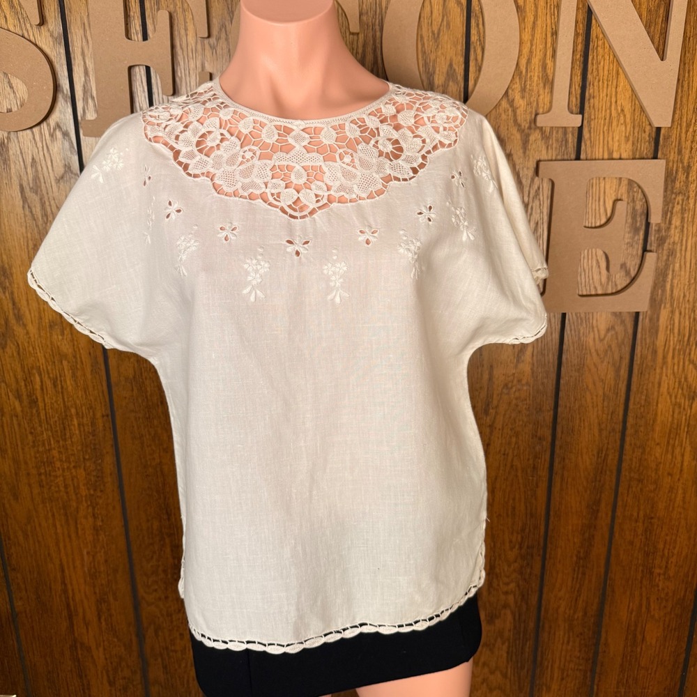 Shanghai Hand Drawn Blouse Womens M Cream Vintage Cotton Linen Crochet Lace Boho